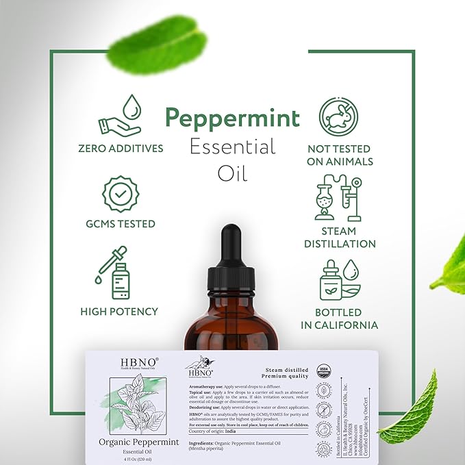 HBNO California Bottled Organic Peppermint Essential Oil (Mentha Piperita) 4 fl oz (120ml) - USDA Certified Organic Peppermint Oil for Hair - Perfect for Aromatherapy-Velvo Beauty