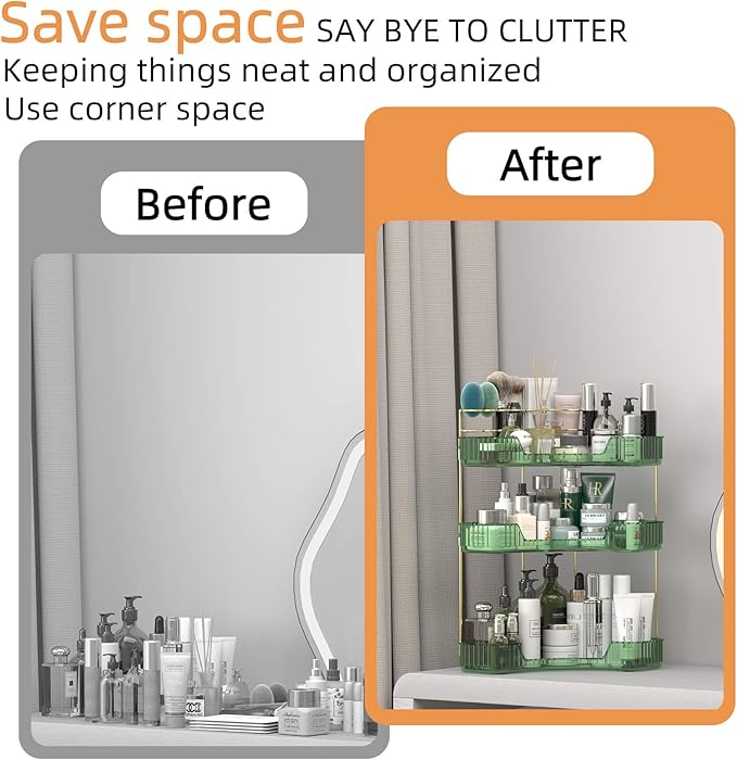 3 Tier Corner Bathroom Organizer Countertop, Vanity Makeup Organizer with Brush Holder, Space-Saving Skincare Storage Corner Shelf for Bathroom, Dressing Table, Kitchen-Velvo Beauty