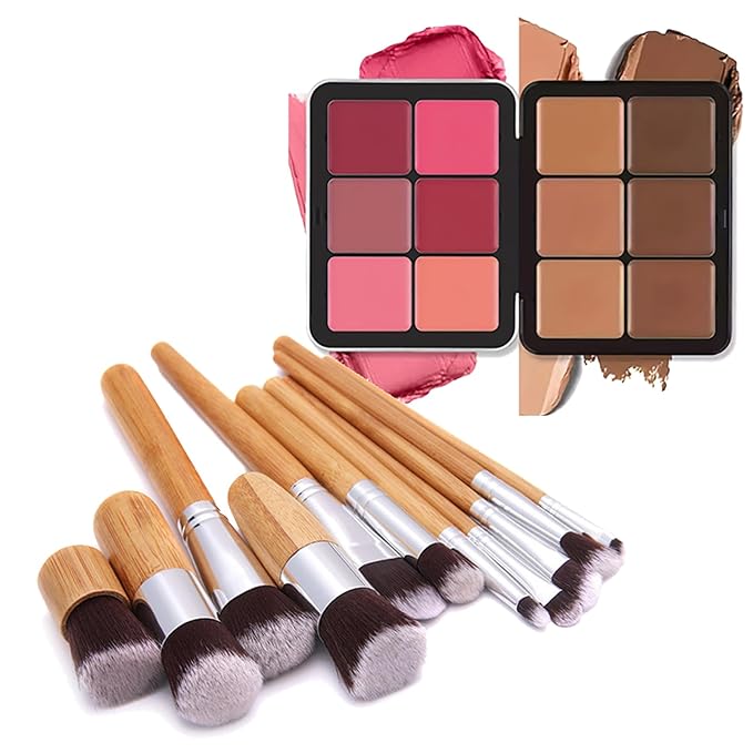 Makeup Blush Palette + Cream Contour Palette Kit, with 11 Pcs Complete Makeup Brushes, Contouring Concealer Palette for Medium Dark Skin to Conceals Dark Circles, Redness, Acne, Blemish-Velvo Beauty