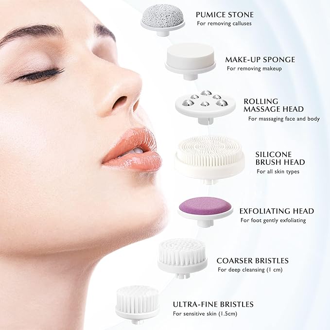 COSLUS Facial Cleansing Brush Silicone Face Scrubber: 7 in 1 FBS-D Electric Exfoliating Rotating Massage Device Waterproof Deep Cleaning Exfoliation Spa Machine - Electronic Skin Care Wash System-Velvo Beauty