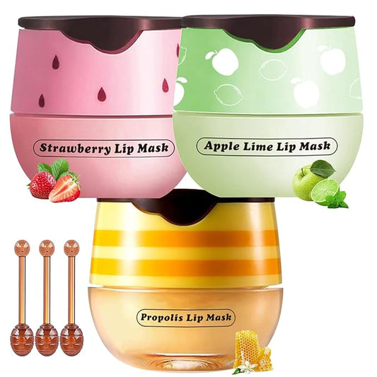 Honey Lip Balm Pot, 3 Pcs Honey & Strawberry & Apple Lime Lip Mask Propolis Moisturizing Hydrating Prevention Dry and Cracked Lip Scrubs Exfoliator-Velvo Beauty