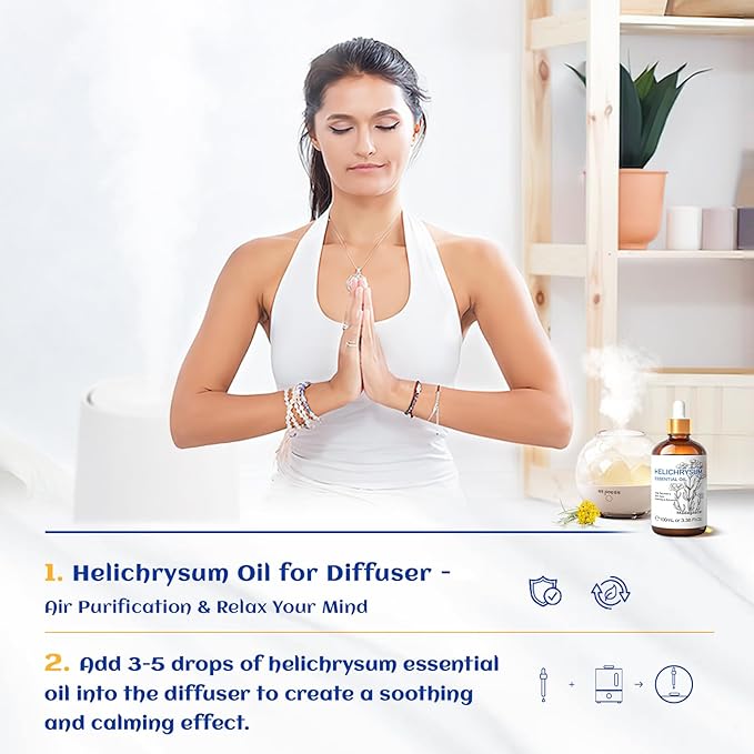 HIQILI Helichrysum Essential Oil for Skin Nourish, Undiluted & Natural, Relieve Fatigue in Body Massage, Reduce Fine Line and Wrinkle, Aromatherapy Diffuser, DIY Floral Scented Gift -100ML-Velvo Beauty
