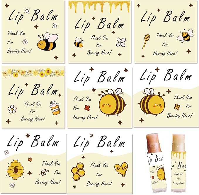 CRASPIRE 80Pcs 8 Styles Labels for Lip Balm Coated Paper Paster Honey Bee Square Tubes Lip Balm Labels Stickers Natural Homemade Self-Adhesive Stickers Logo for Containers Cosmetics Lipsticks-Velvo Beauty