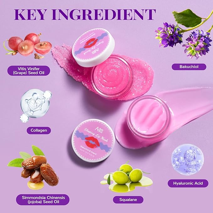ANAI RUI Lip Therapy Set, Lip Scrub & Lip Mask, Overnight Hydrating Lip Moisturizer with Lip Exfoliator Scrub and Lip Sleeping Mask for Lip Plumping, Lip Gift Kit for Dry, Chapped, Dark Lips, Grape-Velvo Beauty