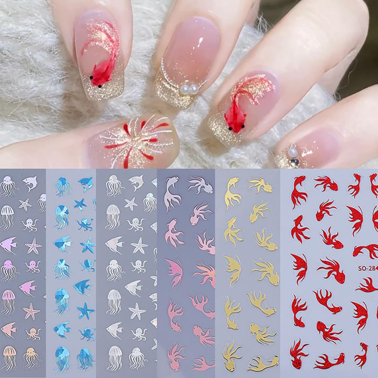 6 Sheets Ocean Animals Nail Art Stickers 3D Self -Adhesive Starfish Jellyfish Nail Decals Holographic Cute Koi Fish Octopus Nail Stickers Summer Nail Decoration for Women Manicure Supplies-Velvo Beauty