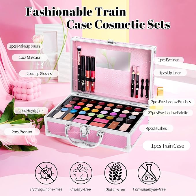 Beginner Makeup Kit for Teen,Makeup Gift Set for Girl Women,Beginner Makeup Kit with Cosmetic Train Case Included 32 Colors Eyeshadow Blusher Contour Lip Gloss Lip Liner Mascara Eyeliner Mirror-Velvo Beauty