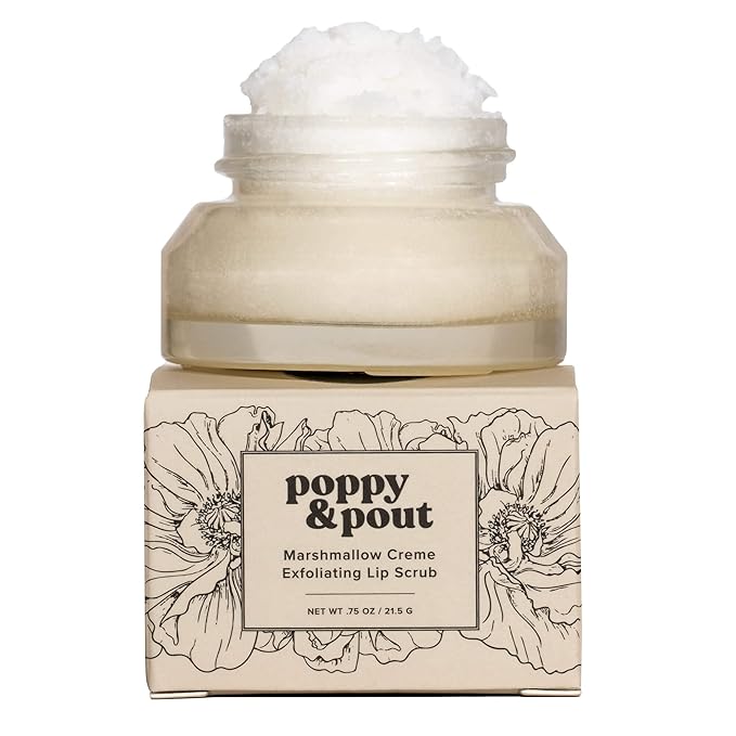 Poppy & Pout Natural Lip Scrub, Moisturizing Sugar Scrub for Dry Lips, Lip Scrubber Exfoliator with Essential Oils Smooths and Hydrates Lips, In Recyclable Glass Jars, Cruelty Free - Marshmallow Creme-Velvo Beauty