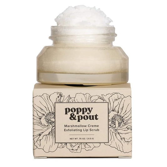 Poppy & Pout Natural Lip Scrub, Moisturizing Sugar Scrub for Dry Lips, Lip Scrubber Exfoliator with Essential Oils Smooths and Hydrates Lips, In Recyclable Glass Jars, Cruelty Free - Marshmallow Creme-Velvo Beauty