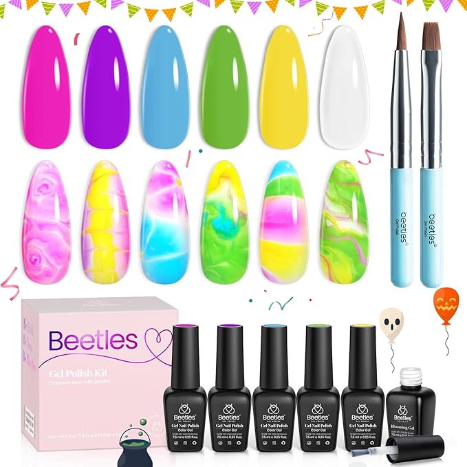 Beetles Halloween Gel Nail Polish with Blooming Gel, 5 Colors Neon Pink Green Blue Purple Yellow Nail Polish Clear Blooming Polish for Spreading Effect with 2 Nail Art Brushes Nail Art Set for Women-Velvo Beauty