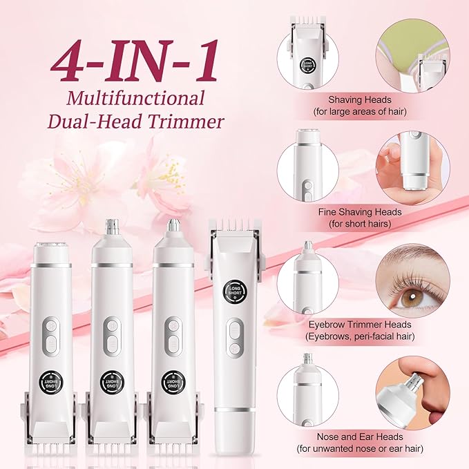 Bikini Trimmer for Women, 4 in 1 Wet/Dry Electric Razors for Women - Dual Head, Painless Rechargeable Portable Womens Razors for Shaving Set for Face, Nose, Eyebrows, Armpits, Bikini Area (White)-Velvo Beauty