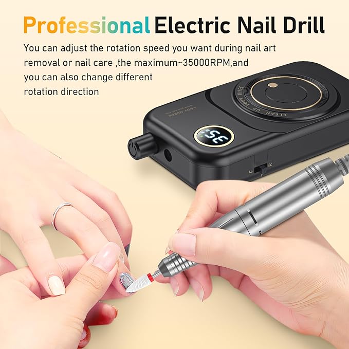 Portable Nail Drill Electric File: 35000RPM Professional Rechargeable Nail E File Machine,for Acrylic Nails Gel Polishing Removing, Cordless Efile with Bits Kit for Manicure Salon Home (Black)-Velvo Beauty