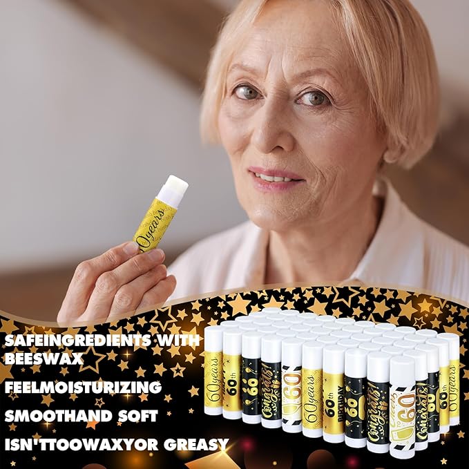 50 Sets 60th Birthday Favors Lip Balm Gifts Bulk Moisturizing Lip Balm with 50 Organza Drawstring Gift Bag 50 Tags 60th Birthday Party Supplies Gifts Bulk for Men and Woman-Velvo Beauty