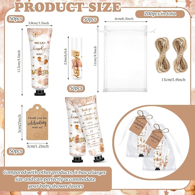 50 Sets 200 Pcs Baby Shower Hand Lotion and Lip Balm Gift Theme Baby Shower Party Favors Travel Size Hand Lotion and Lip Balm Bulk with Organza Bags Tags(Bear)-Velvo Beauty