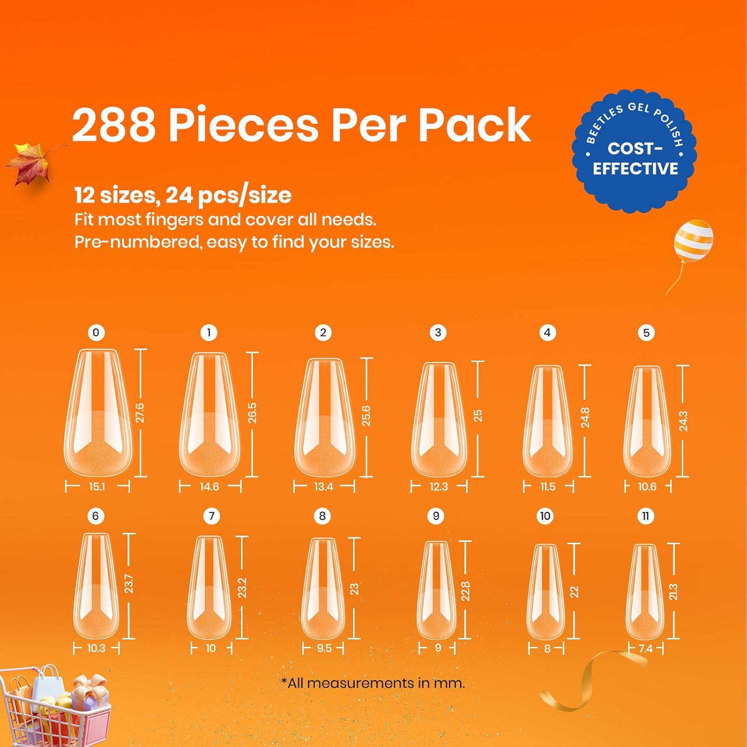 Beetles Gel Nail Tips Medium Coffin Etch X Nail Tips, 12 Sizes 288Pcs Pre Shaped Half Matte Press On Nails Full Cover False Nails for Pastel Spring Nails Acrylic Fake Nails Nail Extensions Kit-Velvo Beauty