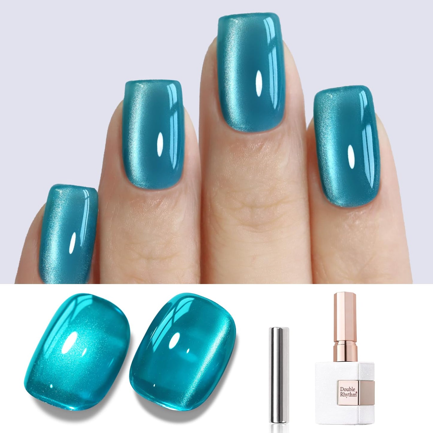 Double Rhythm Jelly Glass Cat Eye Gel Polish with Magnet 15ML Holographic Glitter Shimmer Translucent Sheer Color Magnetic Polish Salon DIY at Home (Jelly Teal-MC1120)-Velvo Beauty