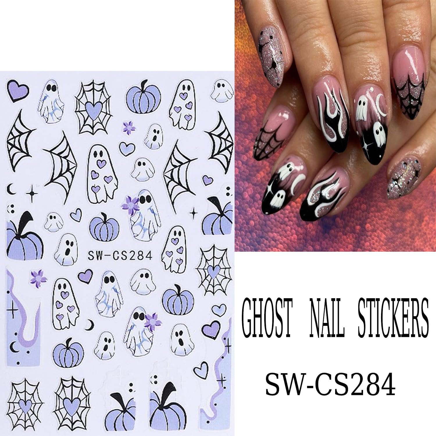6 Sheets Halloween Nail Art Stickers 3D Self -Adhesive Cute Ghost Pumpkin Nail Decals Holographic Heart Spider Web Skeleton Flame Nail Stickers Halloween Nail Decoration for Women Manicure Supplies-Velvo Beauty