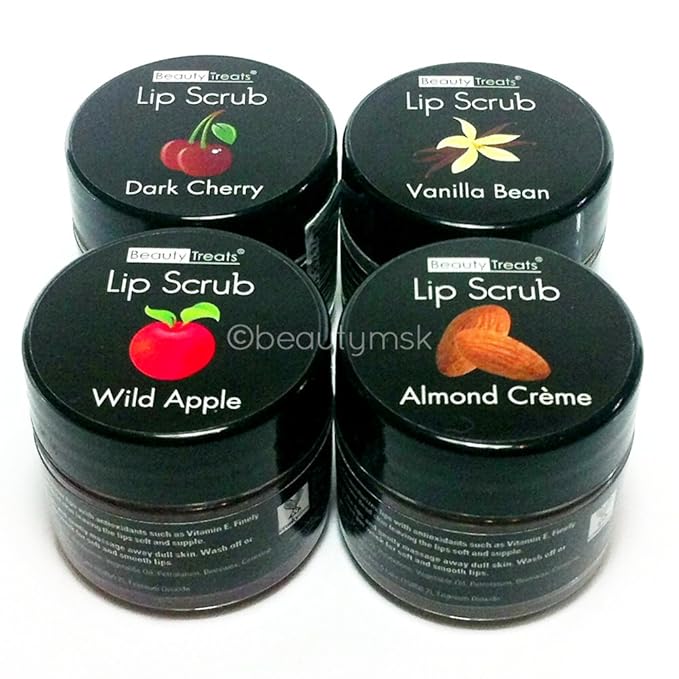 4pc Beauty Treats Lip Scrub with Almond Creme Wild Apple Vanilla Bean Dark Cherry All 4 Full Set-Velvo Beauty
