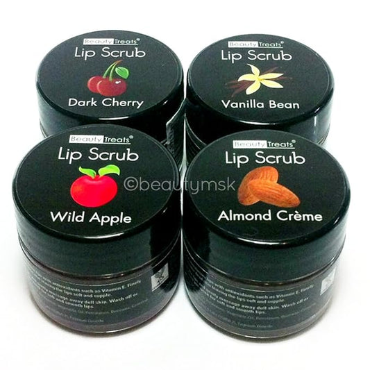 4pc Beauty Treats Lip Scrub with Almond Creme Wild Apple Vanilla Bean Dark Cherry All 4 Full Set-Velvo Beauty