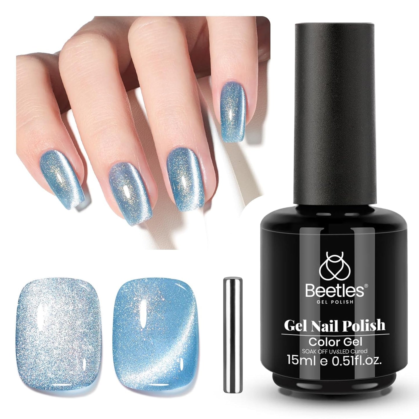 Beetles Blue Cat Eye Gel Polish, 15ML Light Blue Cat Eye Glitter Gel Polish with Magnet Soak Off UV Shimmer Velvet Gel Arctic Aurora Series French Nail Art Design Manicure Gifts for Women-Velvo Beauty