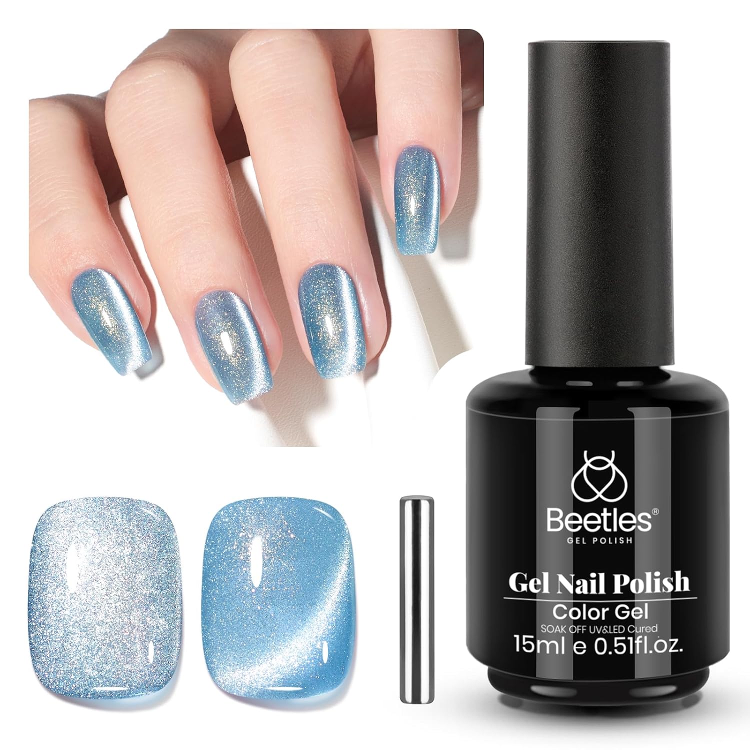 Beetles Blue Cat Eye Gel Polish, 15ML Light Blue Cat Eye Glitter Gel Polish with Magnet Soak Off UV Shimmer Velvet Gel Arctic Aurora Series French Nail Art Design Manicure Gifts for Women-Velvo Beauty