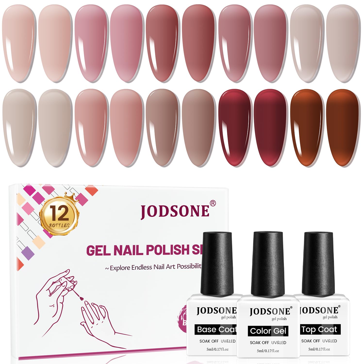JODSONE 12PCS Gel Nail Polish Set 10 Translucent Jelly Colors Natural, Elegant & Long Lasting For Home & Salon Use-Velvo Beauty