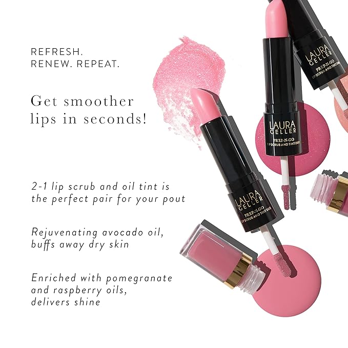 LAURA GELLER NEW YORK Prep-n-Go 2-in-1 Lip Scrub and Lip Oil Tint, Lip Hydrating Oil and Exfoliator, Rush Hour-Velvo Beauty