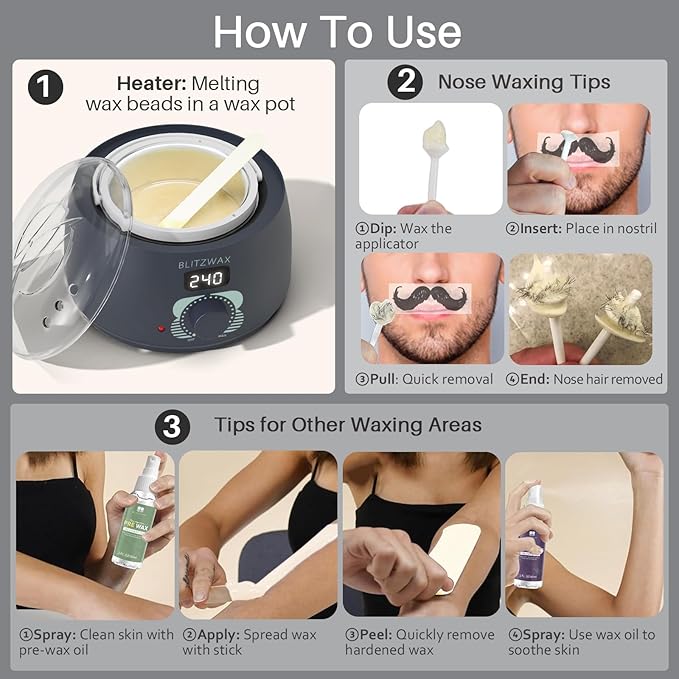 BLITZWAX Back and Nose Waxing Kit for Men, Hard Wax Warmer for Brazilian, Body and Face, At Home Hair Removal Kit, Beginner Friendly, Quick Heating, 93 Accessories, Charcoal Grey-Velvo Beauty