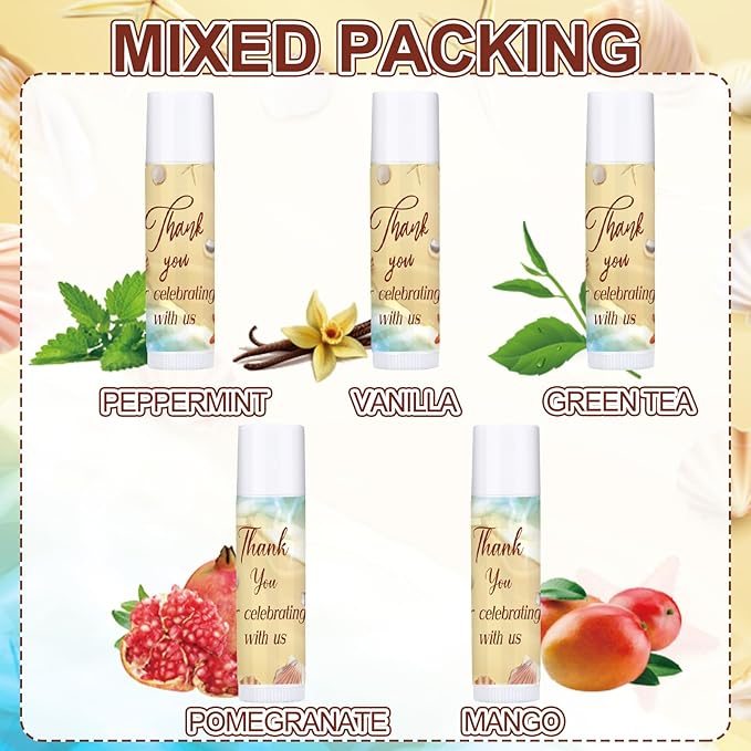 Dunzy 50 Pcs Thank You Gift Lip Balm Bulk Baby Shower Party Favors Bridal Shower Favor Lip Care with Assorted Fruit Flavors Thank You Lipstick for Guest Basket Gift Stuffer (Summer Beach)-Velvo Beauty