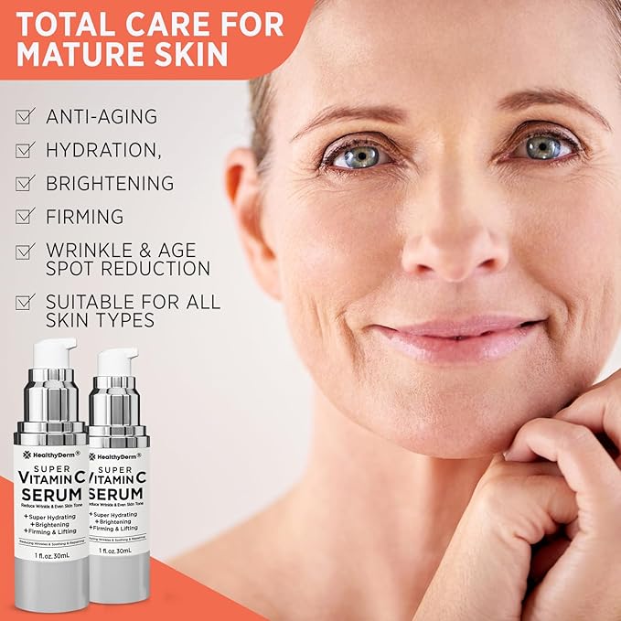 Super Vitamin C Serum for Women Over 70: Niacinamide, Vitamin C, Hyaluronic Acid, Peptides, Vitamin E, Caffeine, Bakuchiol, Hydrating, Lifting, Wrinkle & Age Spots Reduction Pack of 2-Velvo Beauty