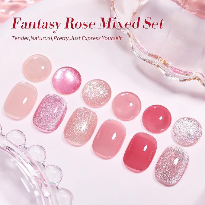 Born Pretty Gel Nail Polish Pink Nude Series,Jelly Transparent,Cat Magnetic Eye,Shimmer Glitter Holographic Pink Nude Gel Polish Kit for Salon Manicure and Nail Art DIY at Home 6Colors-Velvo Beauty