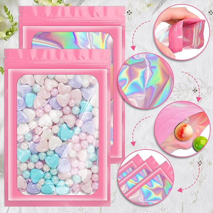 100 Pack Holographic Bags, Resealable Bags Packaging Bag with Clear Window Resealable Odor Foil Pouch for Food Storage, Lipgloss&Jewelry Lash Packaging(Pink, 2.4 x 3.9 Inch)-Velvo Beauty