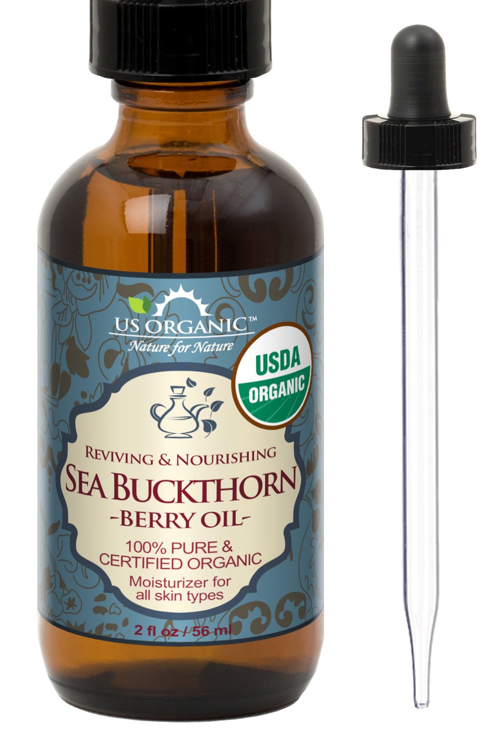 US Organic Sea Buckthorn Berry (Fruit) Oil, Supercritical CO2 extracted, USDA Certified Organic,100% Pure Virgin, Unrefined in Amber Glass Bottle, Face, Hair, spot Treatment, Anti Aging, 2 oz (56 ml)-Velvo Beauty