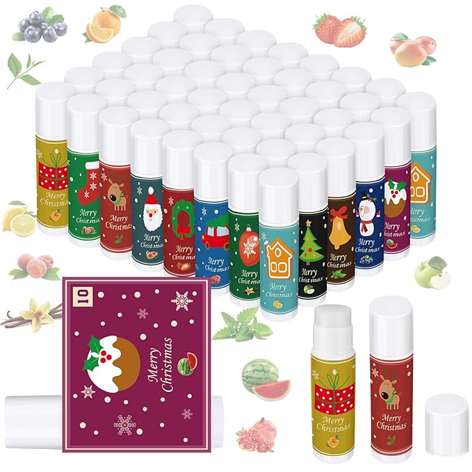 48 Pcs Christmas 12 Days Holiday Lip Balm Gift Set Lip Care Assorted Flavors Ingredients Lip Balm for Dry Chapped Lip Women Men Children Coworker 12 Assorted Flavors Christmas Party-Velvo Beauty