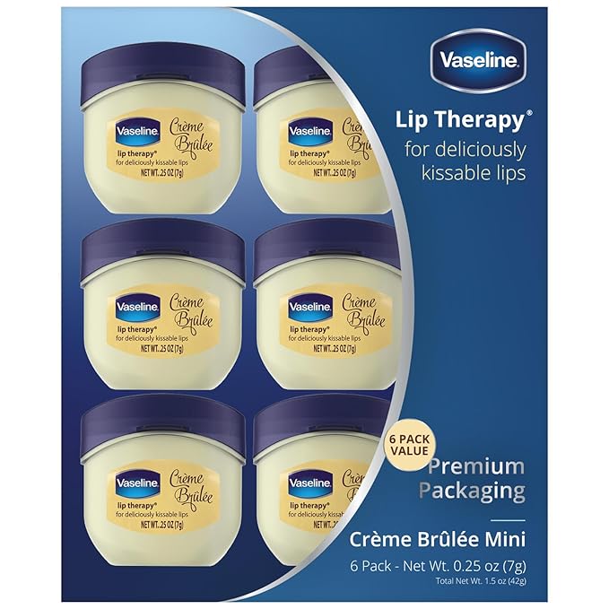 Vaseline Lip Therapy Creme Brulee Mini, White Petrolatum, Advanced Moisturizer, Relieves Dull and Dry Skin, Mini Vaseline Petroleum Jelly, Soft & Smooth Vaseline Lips (Pack of 6-0.25 Oz Ea) -Velvo Beauty