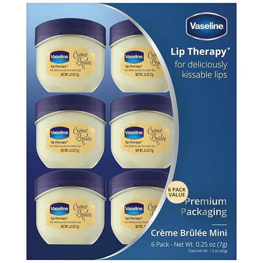 Vaseline Lip Therapy Creme Brulee Mini, White Petrolatum, Advanced Moisturizer, Relieves Dull and Dry Skin, Mini Vaseline Petroleum Jelly, Soft & Smooth Vaseline Lips (Pack of 6-0.25 Oz Ea) -Velvo Beauty