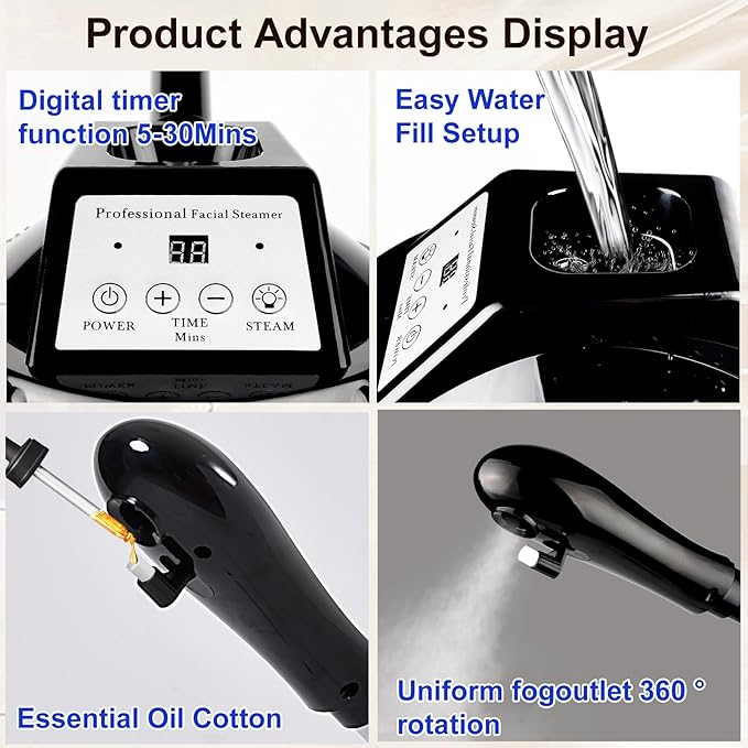 Professional Facial Steamer,vaporizador Facial Adjustable Height and Angle,More Steam, Hot Mist Facial Humidifier Atomizer for Spa Beauty, Home Use-Velvo Beauty