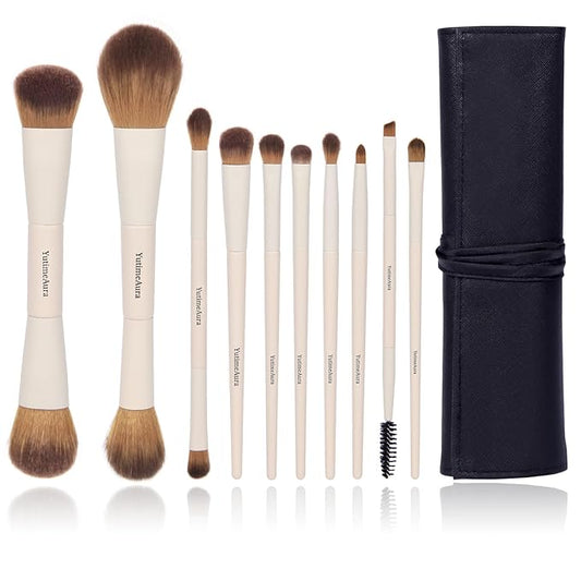 Makeup Brush Set 10pc, Dual-Ended Makeup Brushes For Bronzer, Contour, Eyeshadow, Blush, Concealer & Foundation Application-Velvo Beauty