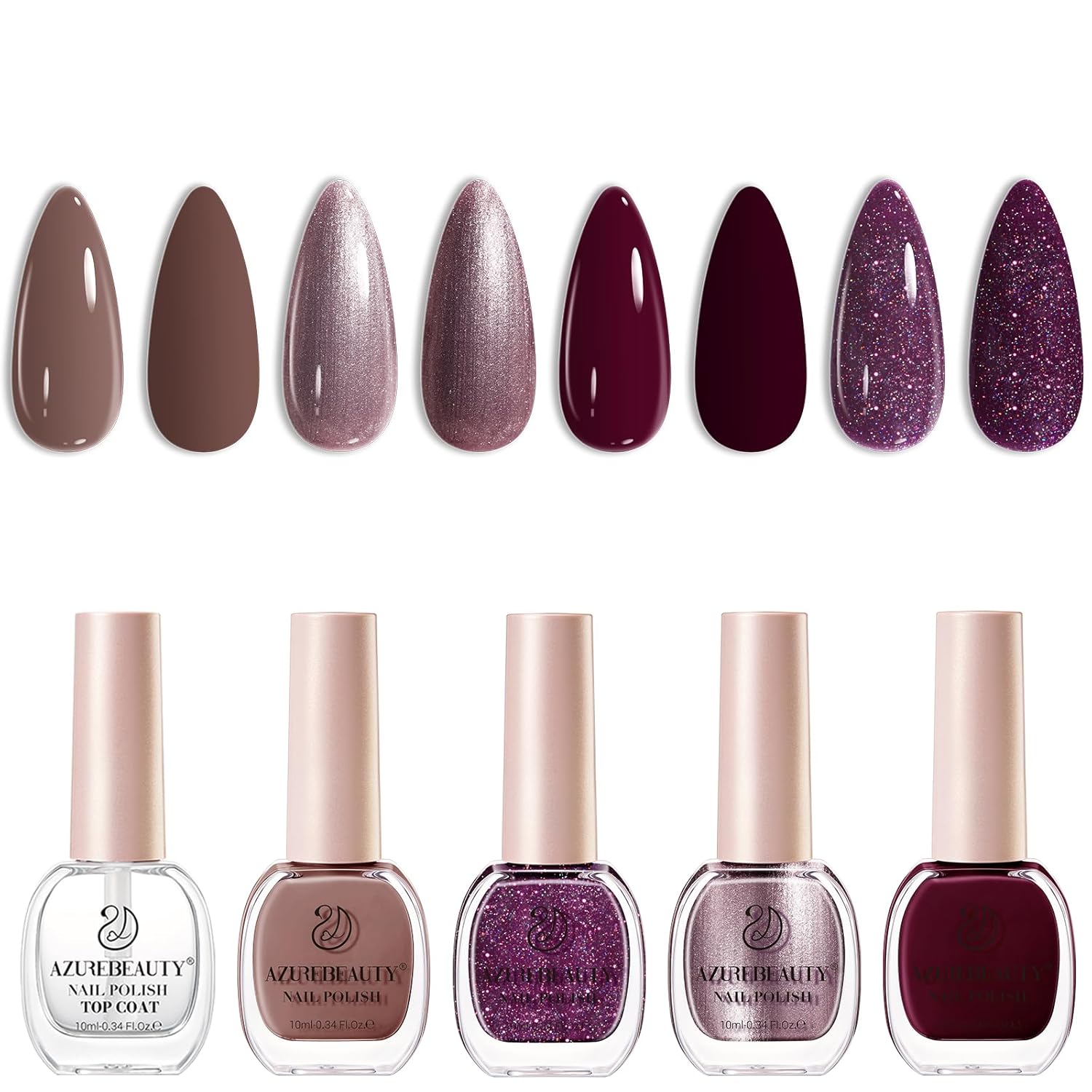 AZUREBEAUTY Nail Polish Set, 4 Colors Brown Purple Glitter Quick Dry Natural Nail Lacquer Strengthening Treatment Kit with Top Coat DIY Salon at Home-Velvo Beauty