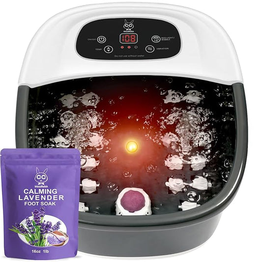 Foot Spa Bath Massager with Heat Bubbles and Vibration Massage and Jets, 16 OZ Calming Lavender Foot Soak Epsom Salt, MoodRelish Foot Soaker with Red Light, 22 Massage Rollers, Adjustable Temp - Black-Velvo Beauty