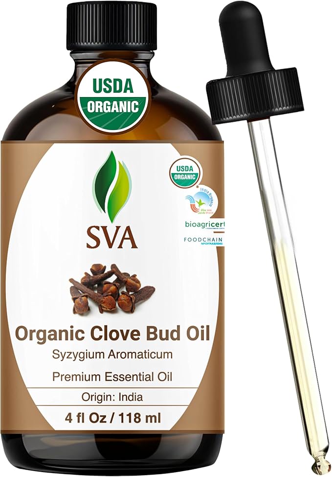 SVA Clove Essential Oil Organic – 4 Fl Oz – 100% Natural Organic Clove Oil - for Diffuser, Hair Care, Face, Skin Care, Aromatherapy, Scalp and Body Massage, Soap and Candle Making - with Dropper-Velvo Beauty
