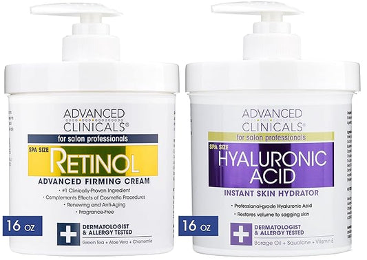 Advanced Clinicals Retinol Cream + Hyaluronic Acid Lotion Face & Body Skin Care. Anti Aging Dry Skin Rescue Creams Reduce Appearance Of Wrinkles, Fine Lines, & Sagging Skin, 16 Oz (Pack of 2)-Velvo Beauty