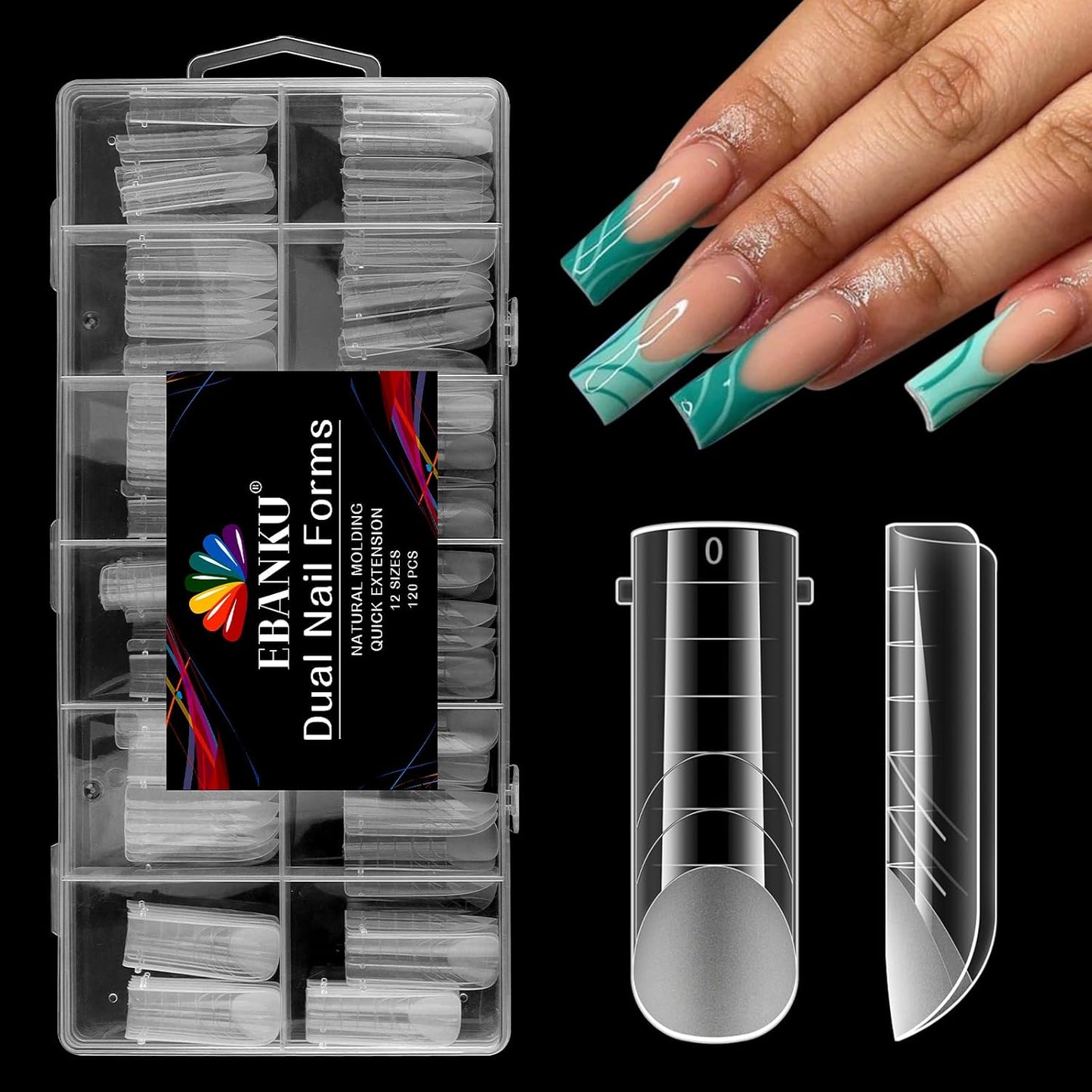 EBANKU 120Pcs Matte Dual Nail Forms, Poly Gel Nail Molds Square Clear Full Cover Coffin Nail Tips Extension Forms 12 Sizes for Gel Manicure Nail Art Design Salon&DIY-Velvo Beauty
