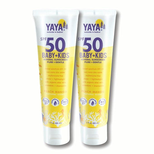 YAYA ORGANICS Baby + Kids Mineral Sunscreen with Free Sponge Applicators, SPF 50, Reef-Friendly, Non-Nano Zinc Oxide, Hypoallergenic, 3 oz, 2-pack-Velvo Beauty