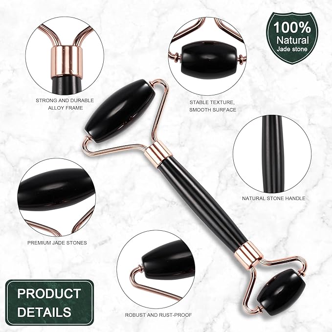 Jade Roller for Face, Facial Roller Massager Skin Care Tool, Gua Sha Facial Tools for Face, Neck, Eyes, Reduce Puffiness of The Skin (Black)-Velvo Beauty