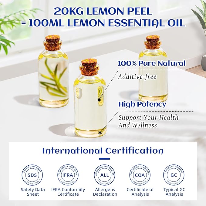 HIQILI Lemon Essential Oil, Household Cleaning, Air Purification, Skin Care, Can be Added to Cleansers, Sprays, Body Lotions Use - 3.38 Fl Oz/100ML-Velvo Beauty