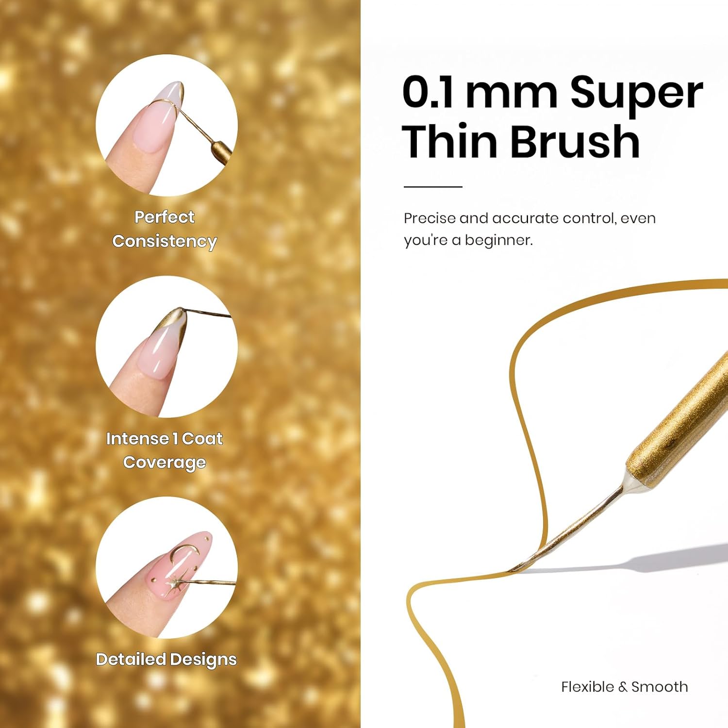 Beetles Metallic Gold Gel Liner 7ml French Tip Gel Polish 3D Mirror Chrome Effect Metal Painted Nail Polish Build in Thin Brush French Swirl Line Nail Art Soak off Uv Lamp Manicure Salon-Velvo Beauty