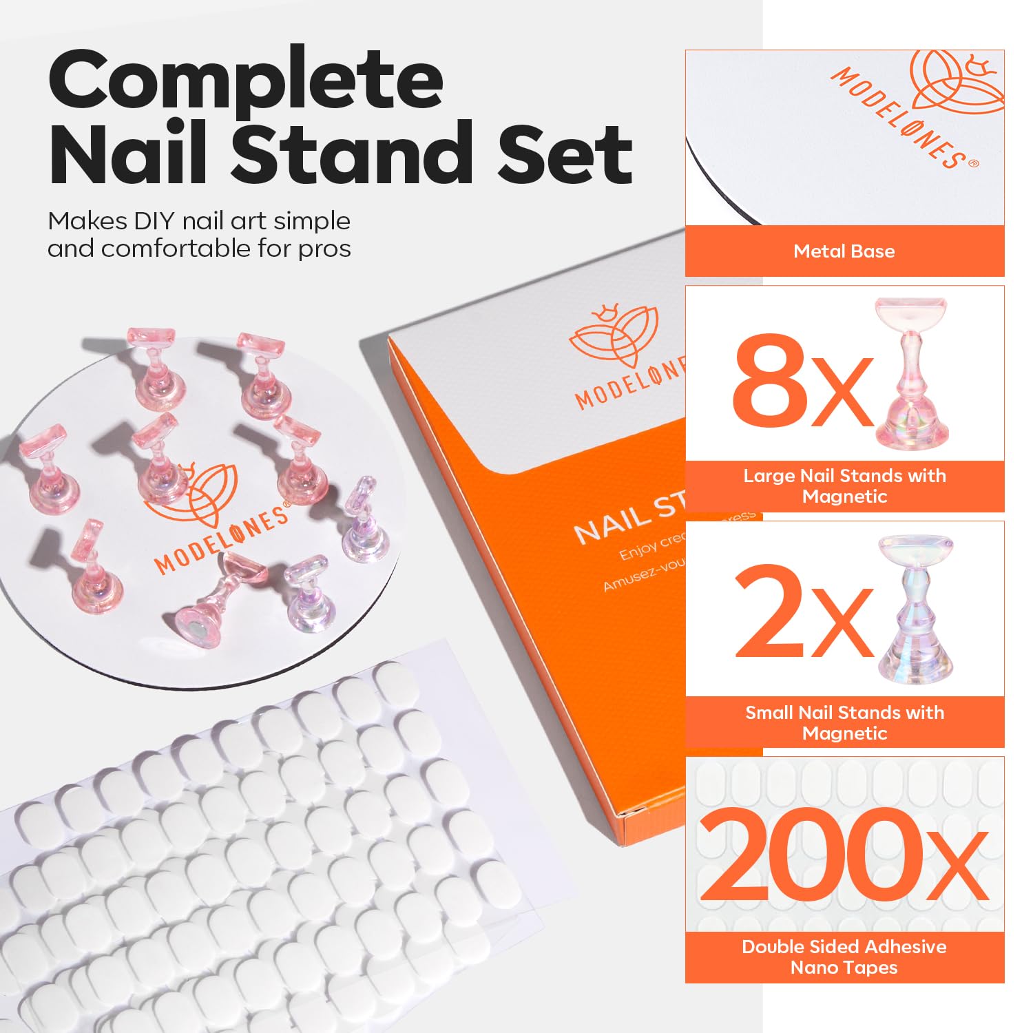 Modelones Nail Stand Set, Magnetic Nail Stands for Press ons False Nail Tips Practice Acrylic Holder with 200pcs Sticky Tabs Strong Metal Base Painting Display DIY & Salon Use Beginner Supplies-Velvo Beauty