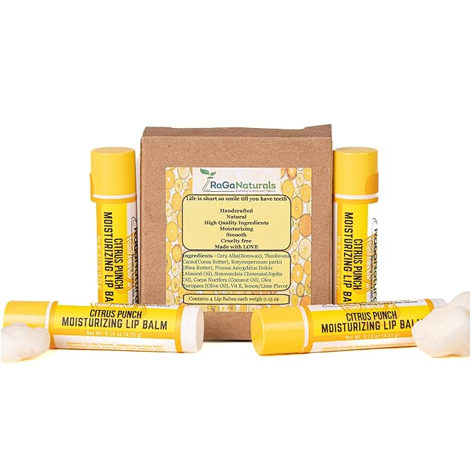 All Natural Lemon Moisturizing Lip Balm Gift Ornament for Holiday Stocking Stuffers, All Day Hydration, Original beeswax, Shea butter, Jojoba oil, Vitamin E and Love - Pack of 4 Tubes-Velvo Beauty