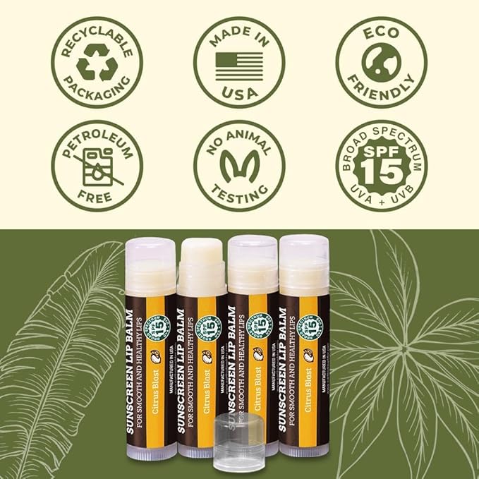 SPF Lip Balm 4-Pack by Earth's Daughter - Lip Sunscreen, SPF 15, Organic Ingredients, Citrus Flavor, Beeswax, Coconut Oil, Vitamin E - Hypoallergenic, Paraben Free, Gluten Free-Velvo Beauty