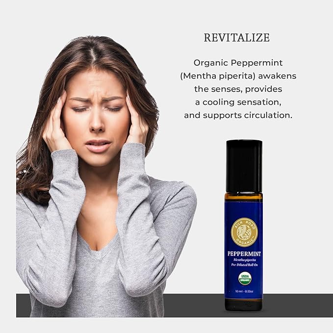 Silk Road Organic Peppermint Essential Oil Roll On, Mentha Piperita, 100% Pure USDA Certified Aromatherapy - Headache, Morning Sickness, Nausea, Energy & Hair - 10 ml Roller-Velvo Beauty